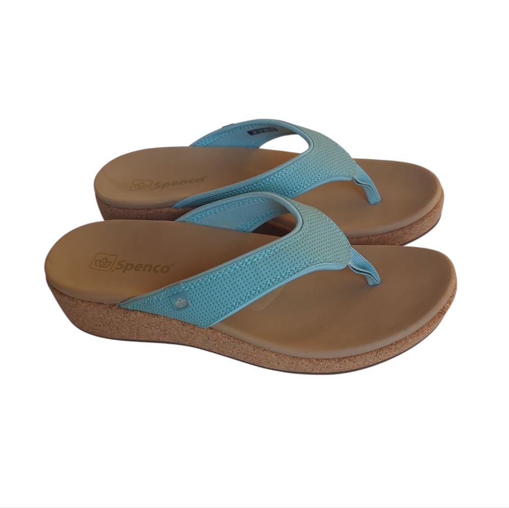 Spenco Willow Wedge Flip Flop Sandals 9B Aquifer Green Blue Summer EVA Molded